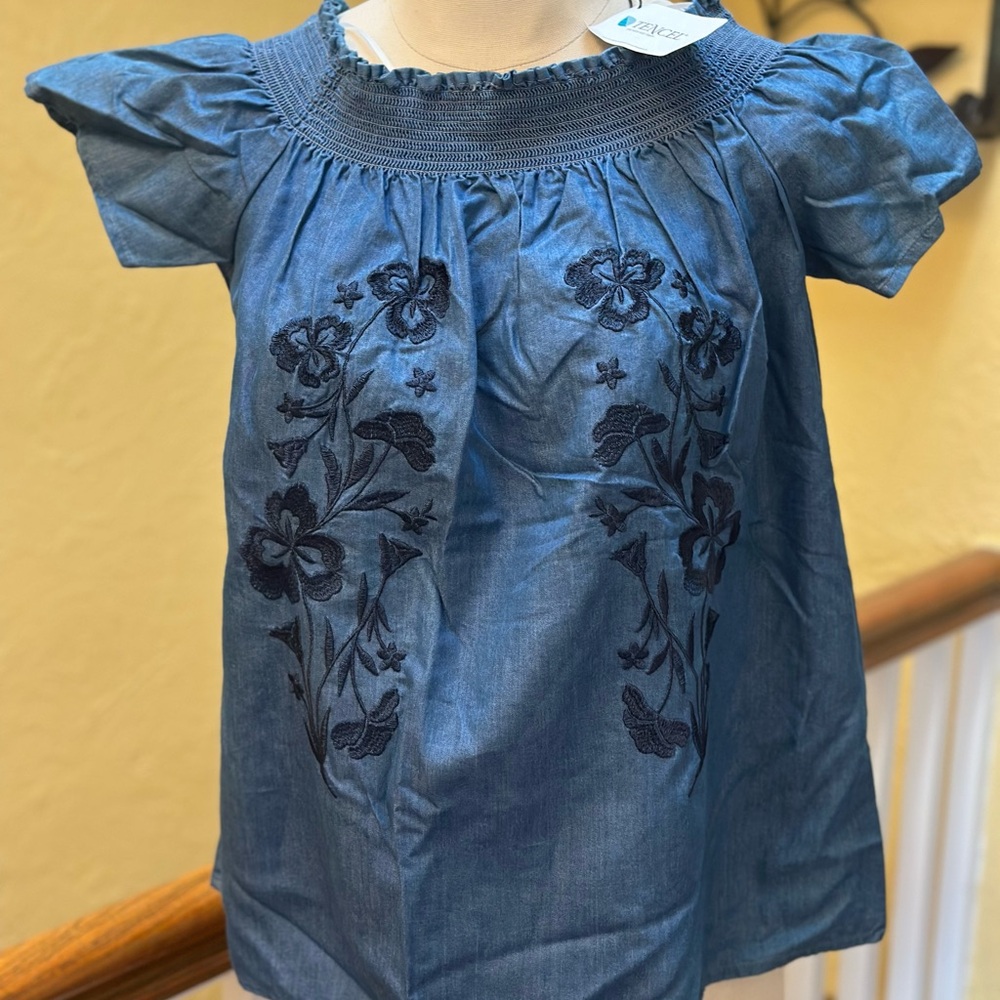 Love Tree Denim Blue Floral Embroidered Blouse